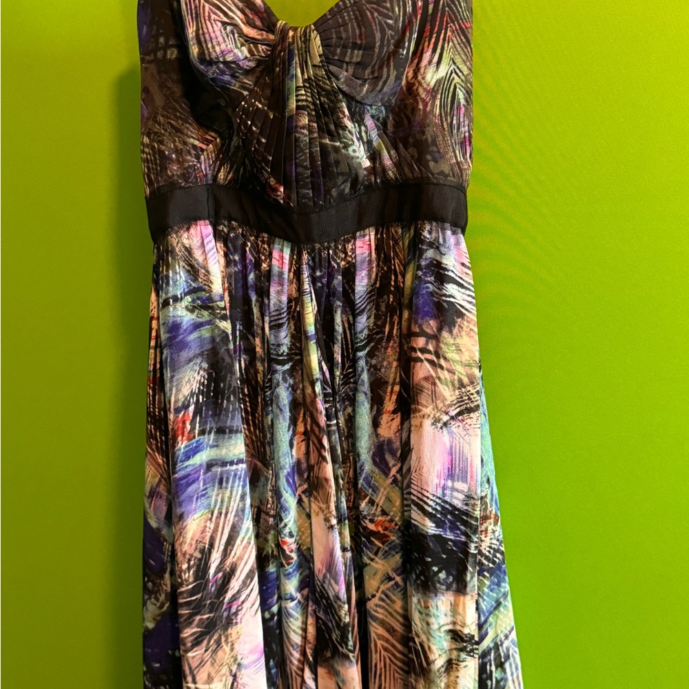 BCBG strapless dress. Black and leaf print.